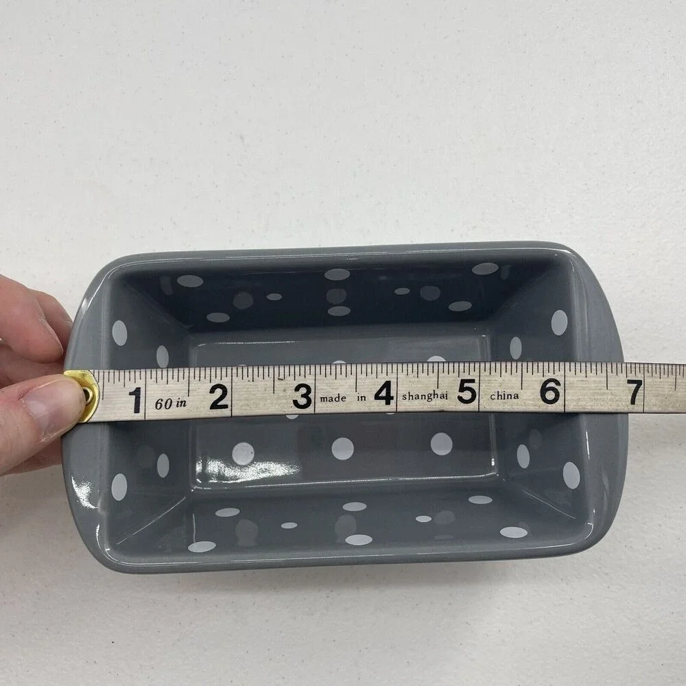 Temptations By Tara Mini Loaf Pan Gray Polka Dots‎ 12 Oz Cottage Core Oven Safe